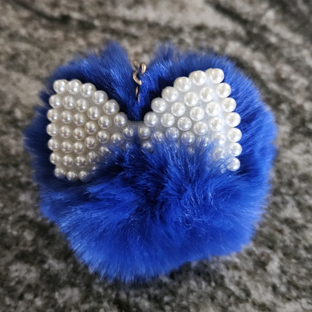 Blue Faux Fur Key Holder with Pearl Bow